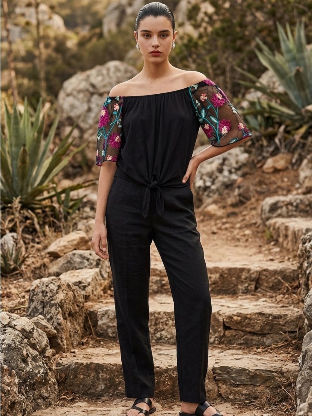 Off shoulder with Embroidered Floral Sleeves top.